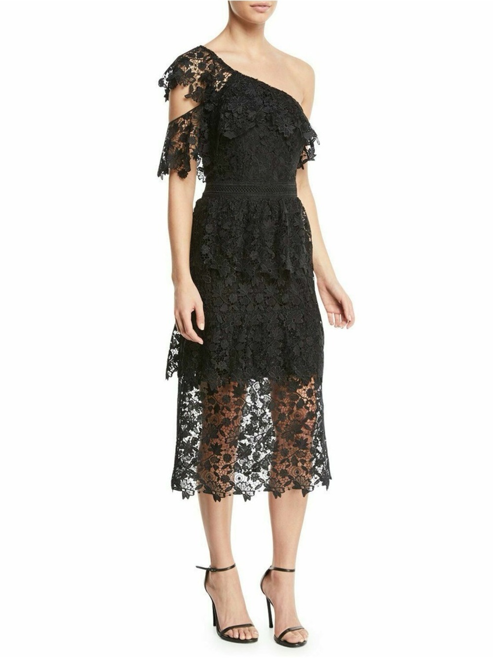 Joie Black One-Shoulder Floral Lace Midi Dress